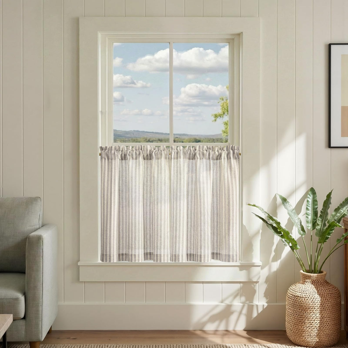jinchan Striped Linen Kitchen Tier Curtains, 30 Inch, Sage Green, 2 Panels
