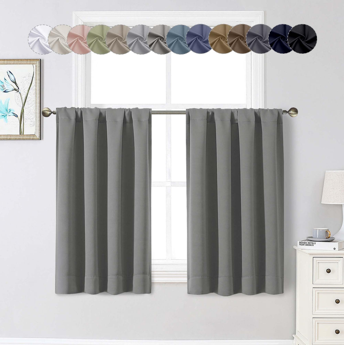 Black Cafe Blackout Curtains 36 Inch Length 2 Panels Set, Soft Solid Thermal Insulated Room Darkening Small Window Curtains for Kitchen Bathroom Basement, Black, Each, 40" Wx36 L