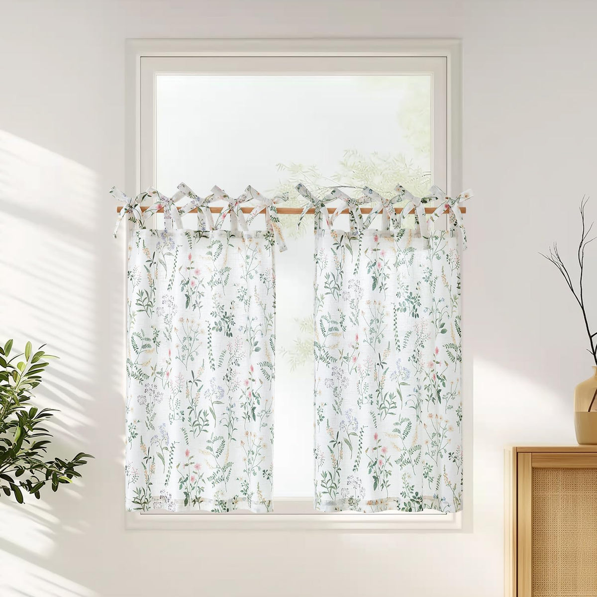 jinchan Floral Kitchen Tier Curtains 24 Inch 2 Panels Sage Green on Beige