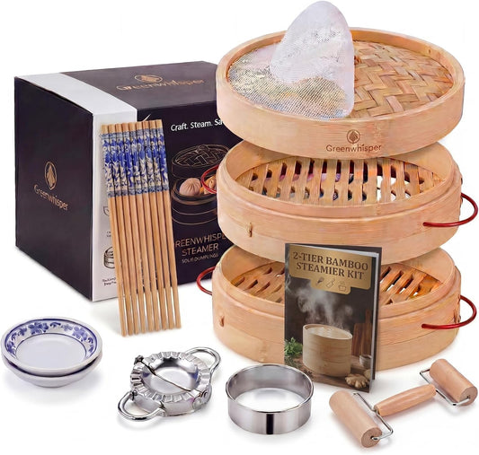10 Inch Bamboo Steamer Set, 2 Tier Dumpling Steamer Basket – For Cooking Bao Buns, Dim Sum, Soup Dumpling (10 inch)