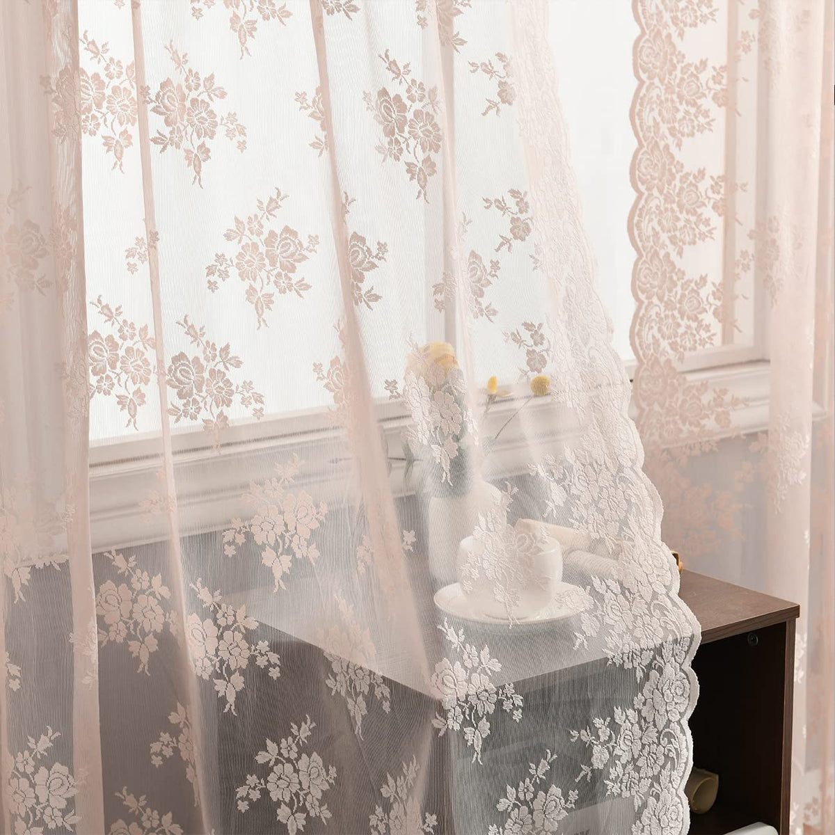Kotile Short Beige Lace Curtains for Kitchen Windows W42xL45 Inch, 2 Panels
