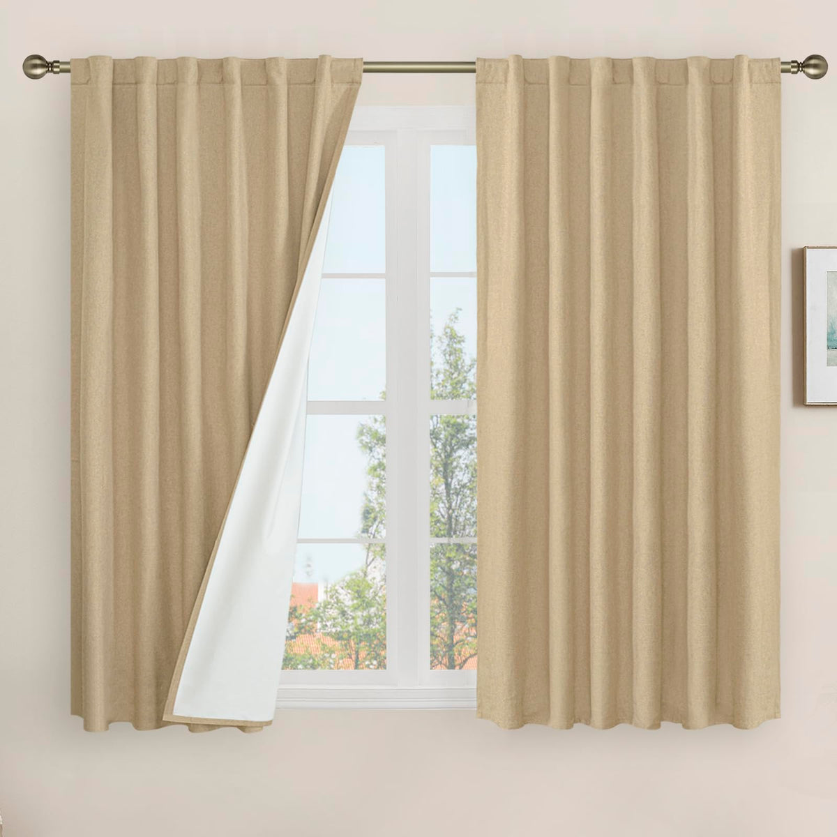 LAMIT Full Blackout Linen Kitchen Window Curtains 36 Inches Long, Ivory