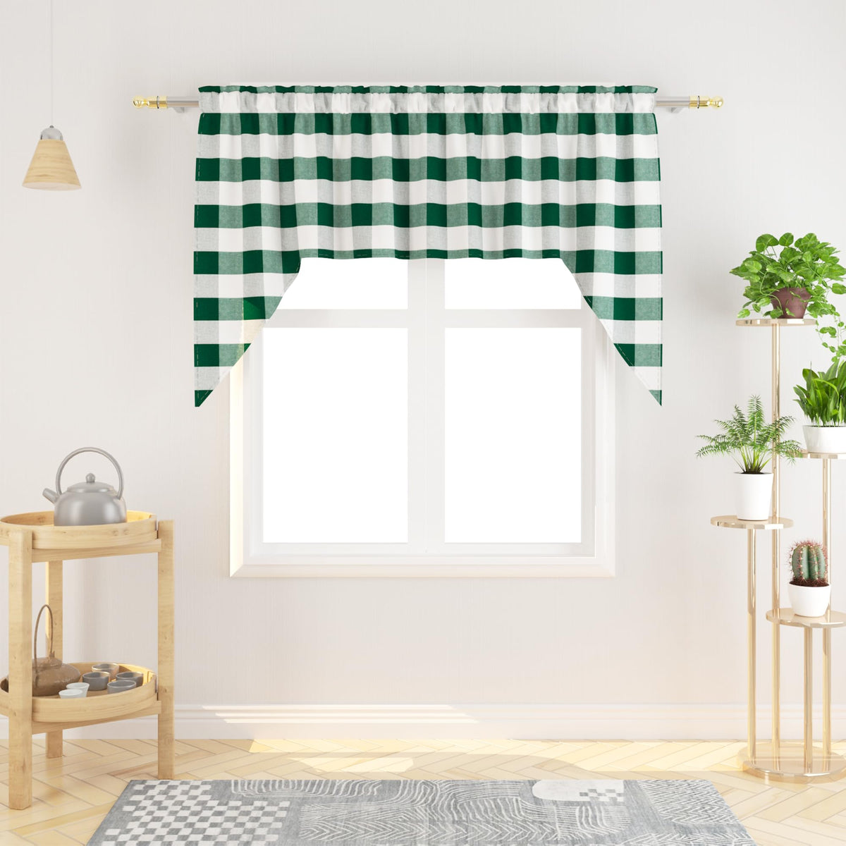 Buffalo Check Kitchen Tier Curtain 24 inches Long Plaid Gingham Rod Pocket Classic Cafe Curtains Country Farmhouse Kitchen Half Window Curtains 2 Panels Beige & White