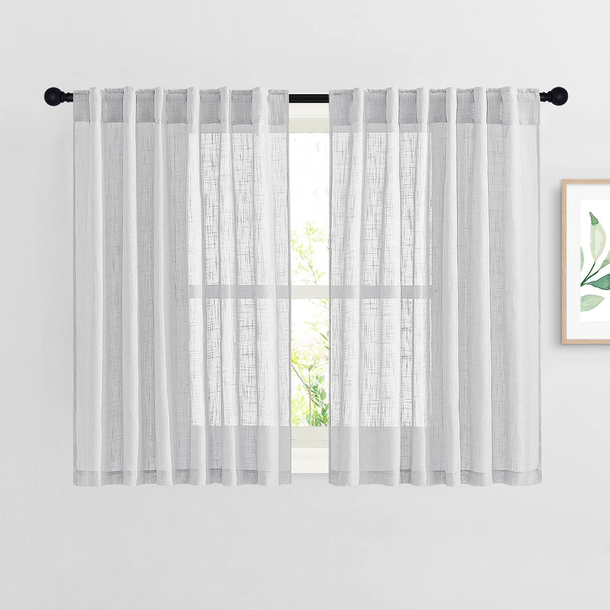 NICETOWN Natural Linen Kitchen Curtains 26 inches Long, Rod Pocket & Back Tab Semi Sheer Flax Window Treatments Rustic & Cute for Cafe/Kids Room, W37 x L26, 2 Panels