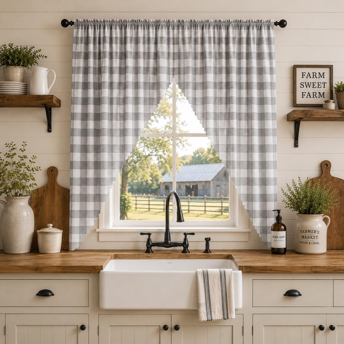 Beda Home Buffalo Check Swag Valance for Kitchen, Coffee/White, 52 x 18 in