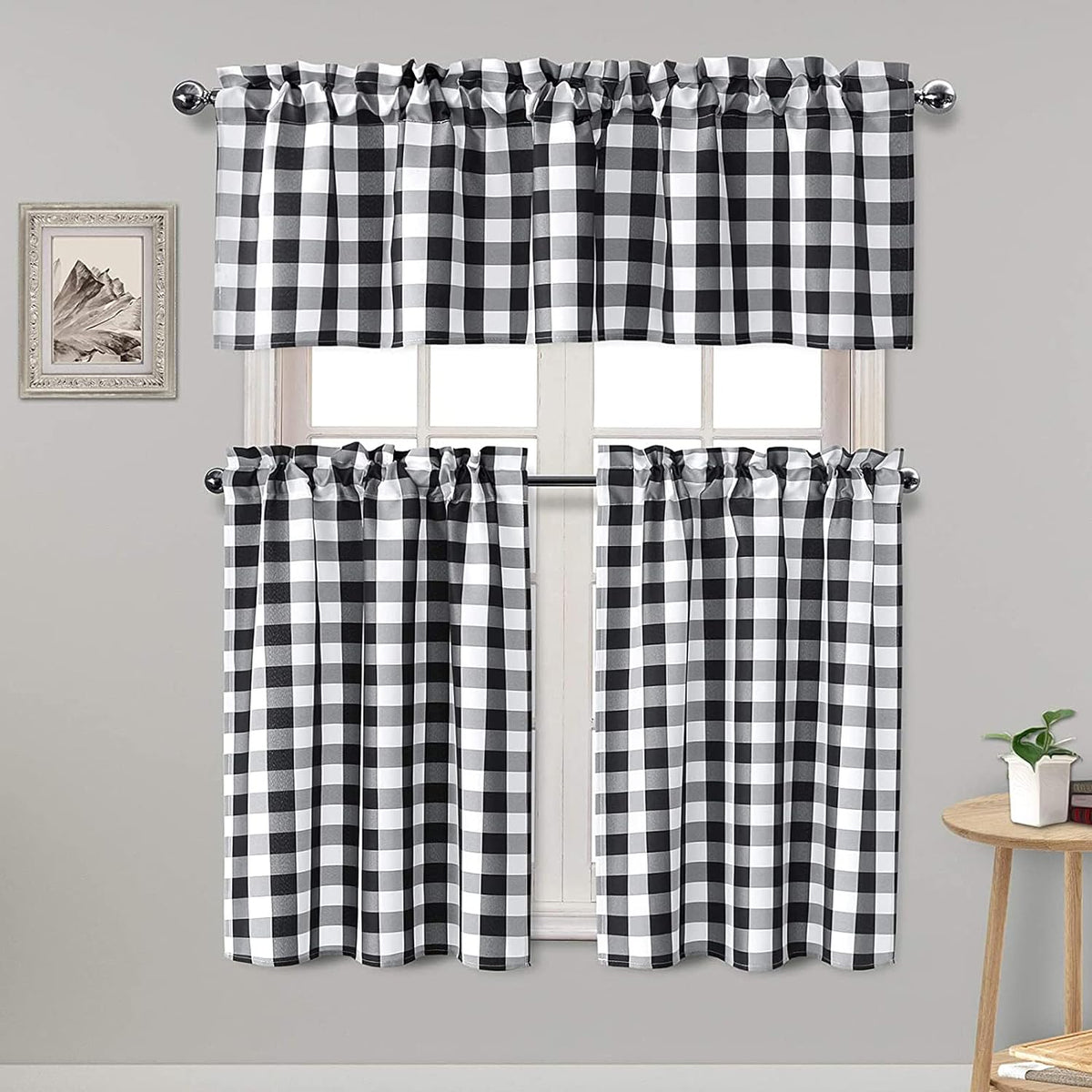 Hiasan 3 Piece Semi Sheer Curtains, Black and White