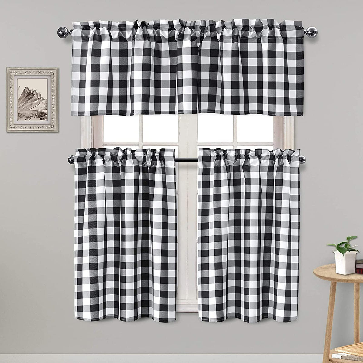 Hiasan 3 Piece Semi Sheer Curtains, Black and White