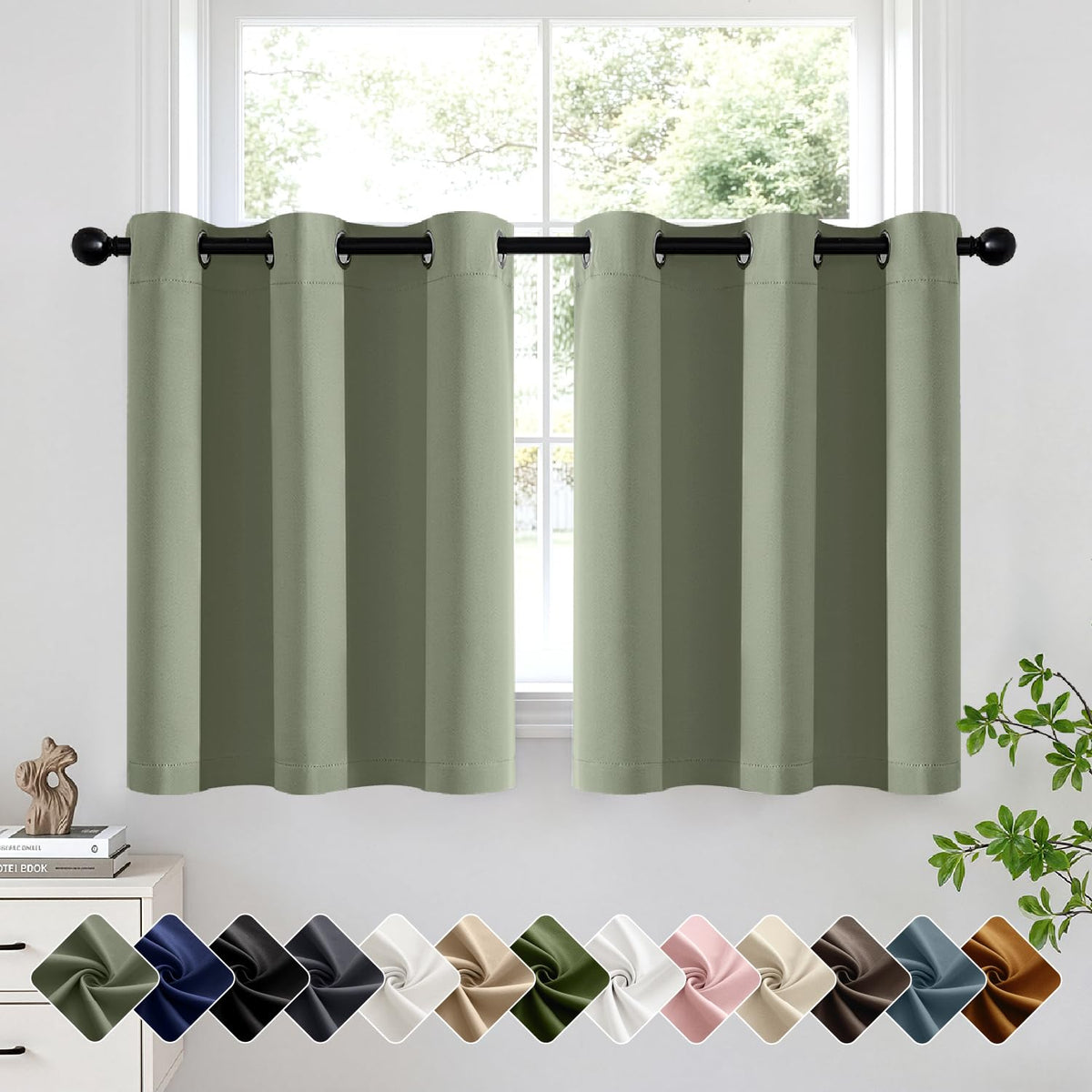 Short Navy Blue Blackout Kitchen Curtain W40 x L45 Inch 2 Panels