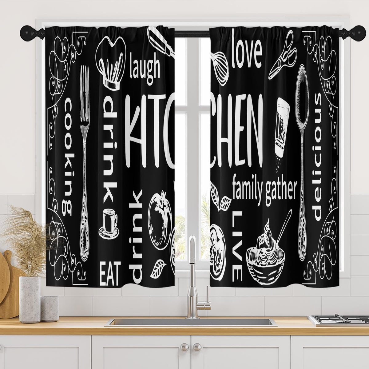 Arttown Kitchen Curtains 63 Inch Length, 2 Pack, Abstract Doodle Modern