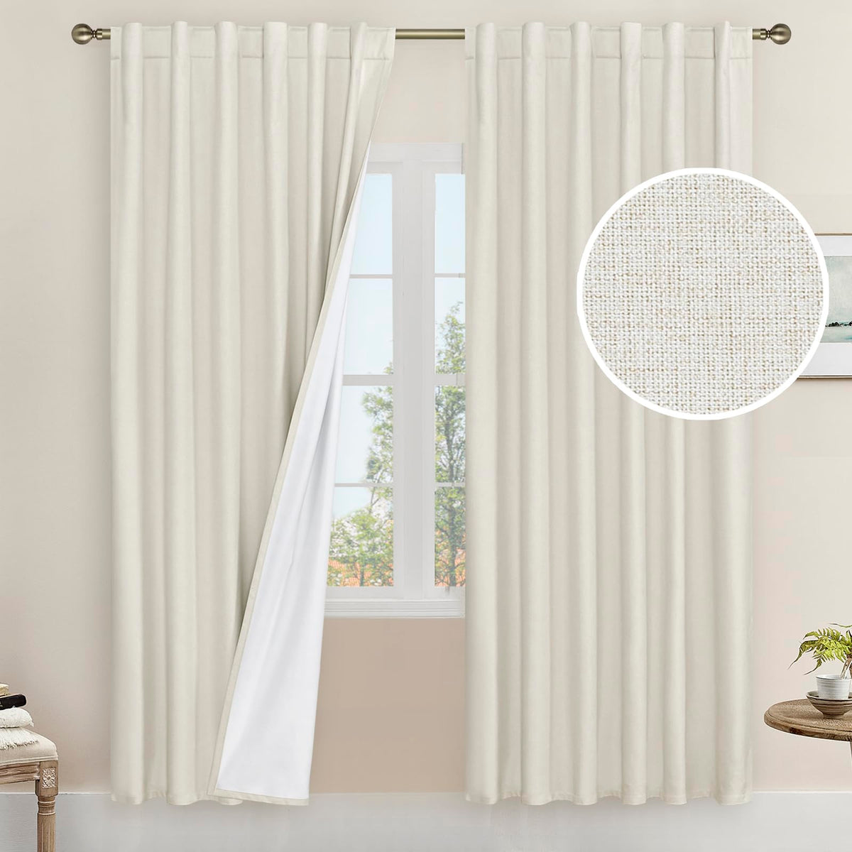 LAMIT Full Blackout Linen Kitchen Window Curtains 36 Inches Long, Ivory