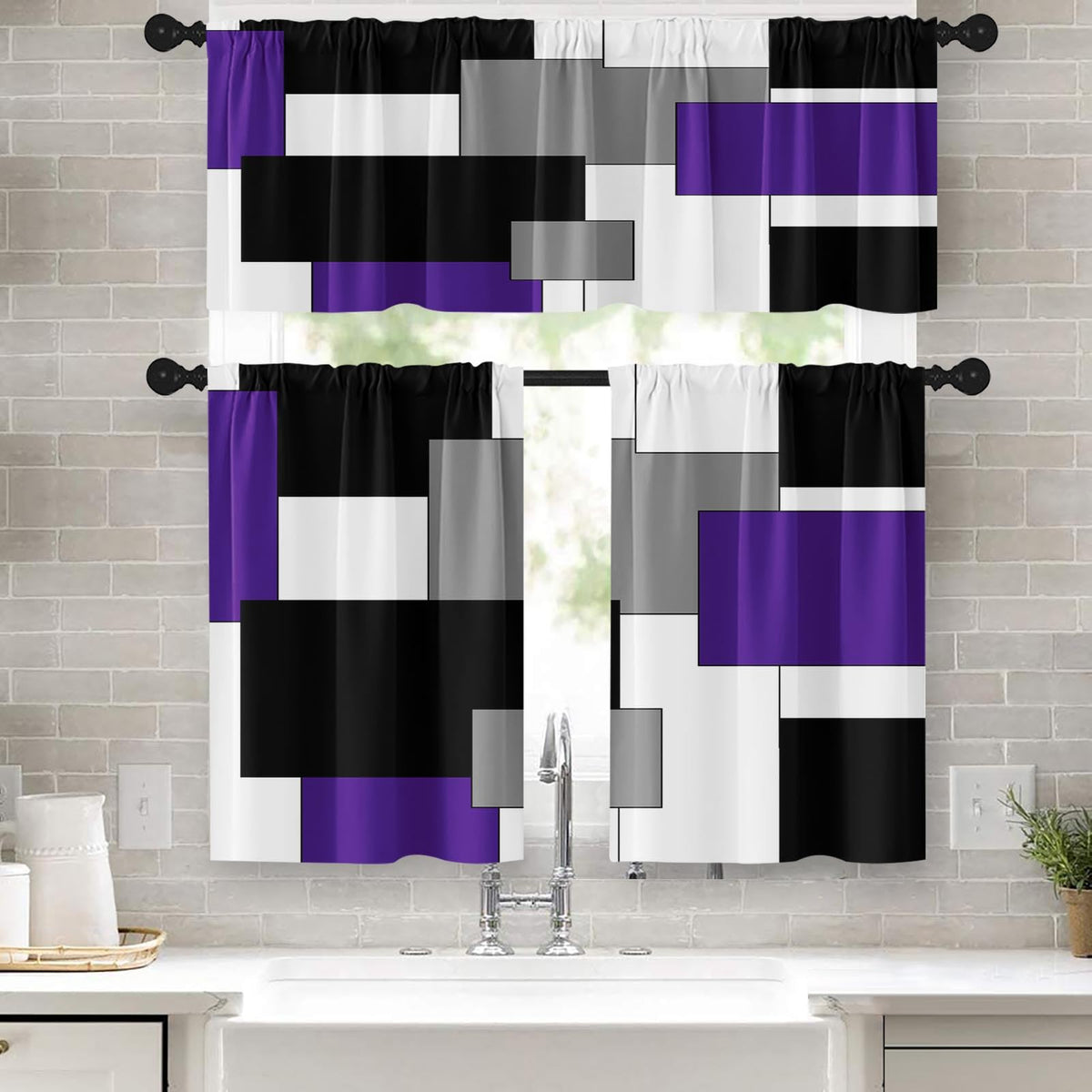 Kitchen Curtains Sets for Windows 52x36 Inch 3 Pack, Geometric