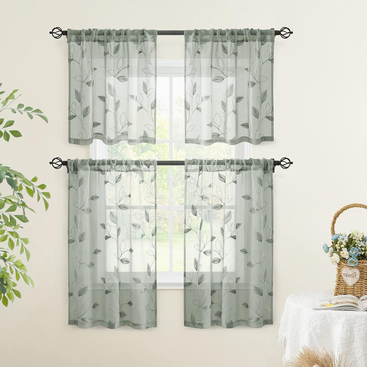 HOMEIDEAS Sage Green Kitchen Tier Curtains Leaf Embroidered, 30x36, 2 Panel