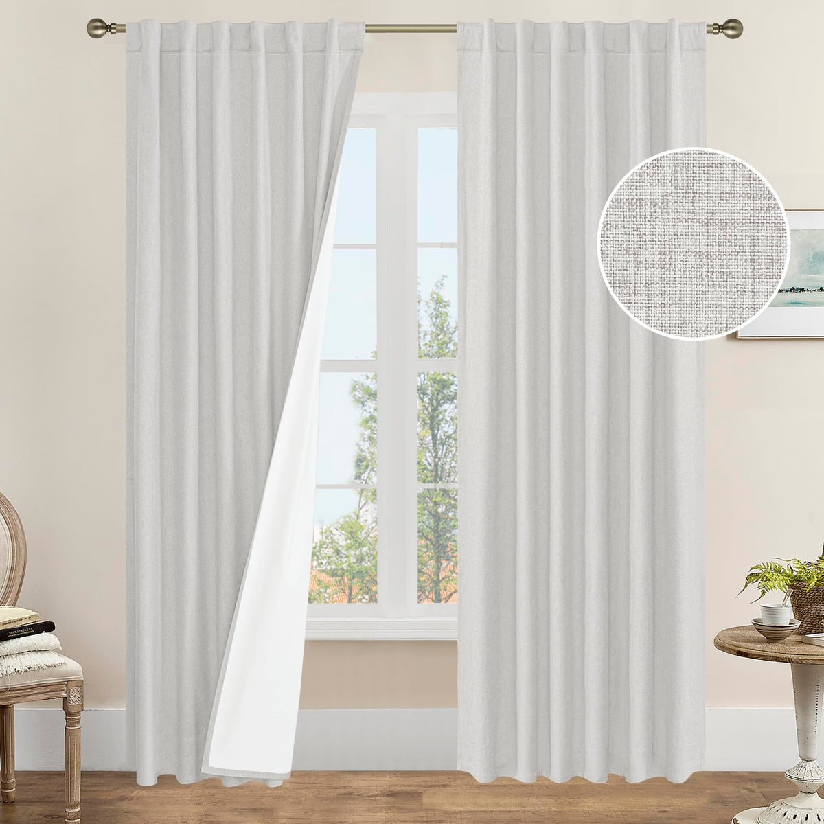 LAMIT Full Blackout Linen Kitchen Window Curtains 36 Inches Long, Ivory
