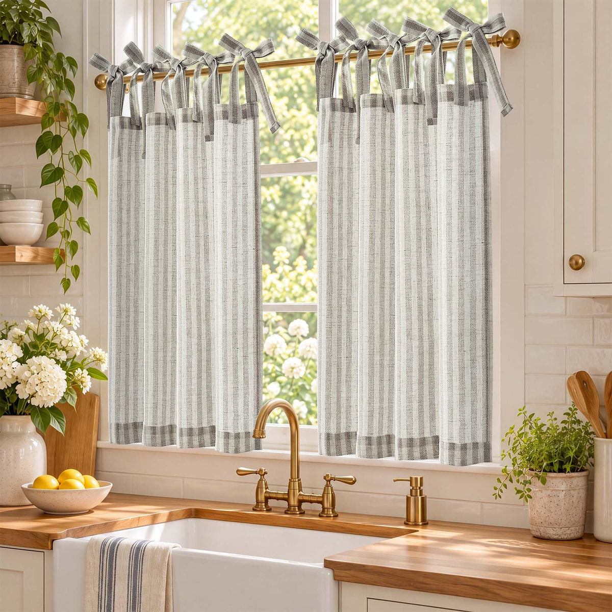 jinchan Striped Linen Kitchen Tier Curtains, 20 Inch, Tan, 2 Panels
