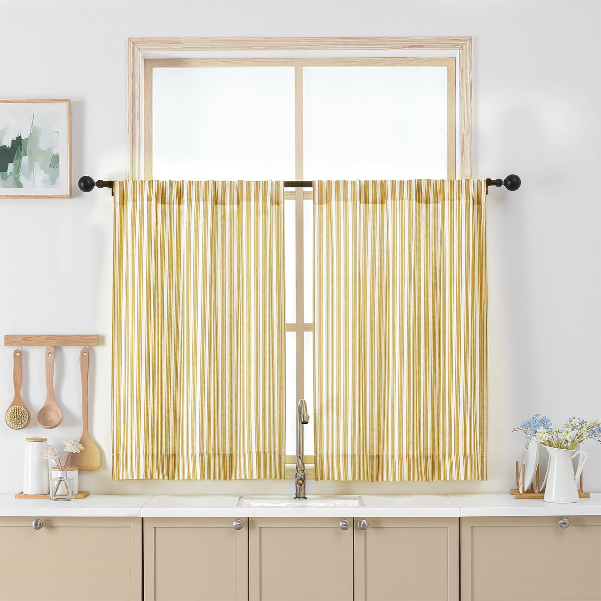 Chyhomenyc Striped Short Curtains 36 Inch Length - Light Filtering Faux Linen Living Room Tier Half Window Curtains, Farmhouse Modern Boho Curtain for Bathroom, 30Wx36L, 2 Pieces, Stone Blue