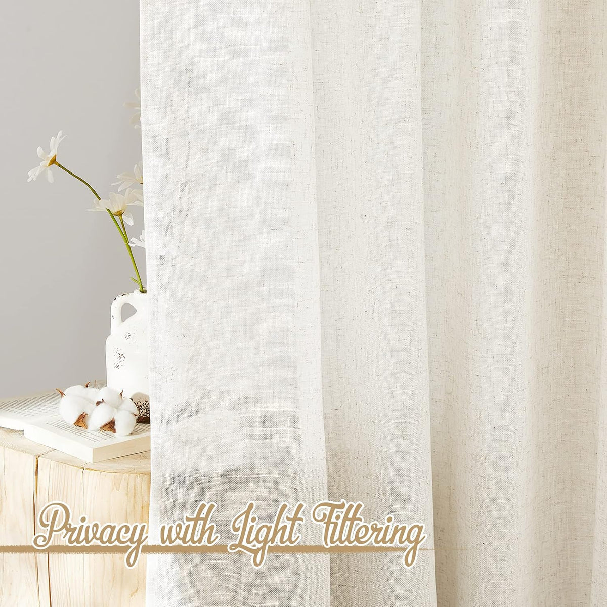 NICETOWN Natural Linen Kitchen Curtains 26 inches Long, Rod Pocket & Back Tab Semi Sheer Flax Window Treatments Rustic & Cute for Cafe/Kids Room, W37 x L26, 2 Panels