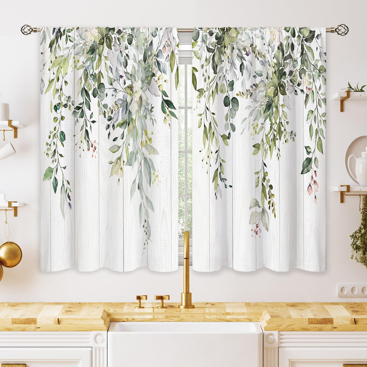 Eucalyptus Botanical Leaves Floral Kitchen Window Curtains Over Sink Boho Farmhouse Flower Leaf Small Window Treatment Sage Green Cafe Short Curtains for Bathroom Tier Drapes 27.5x39 inch
