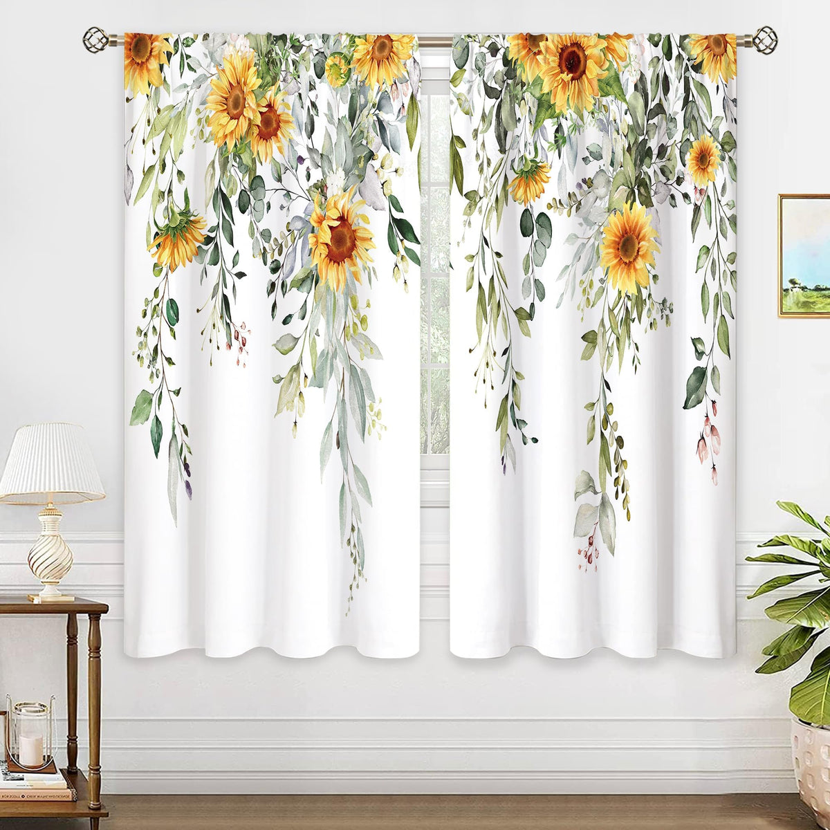 Eucalyptus Botanical Leaves Floral Kitchen Window Curtains Over Sink Boho Farmhouse Flower Leaf Small Window Treatment Sage Green Cafe Short Curtains for Bathroom Tier Drapes 27.5x39 inch