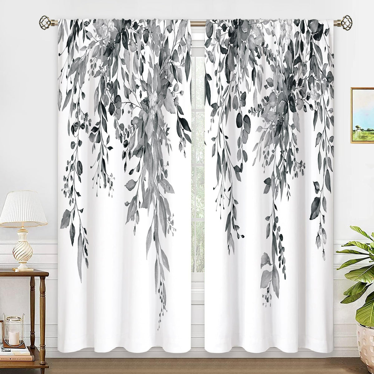 Eucalyptus Botanical Leaves Floral Kitchen Window Curtains Over Sink Boho Farmhouse Flower Leaf Small Window Treatment Sage Green Cafe Short Curtains for Bathroom Tier Drapes 27.5x39 inch
