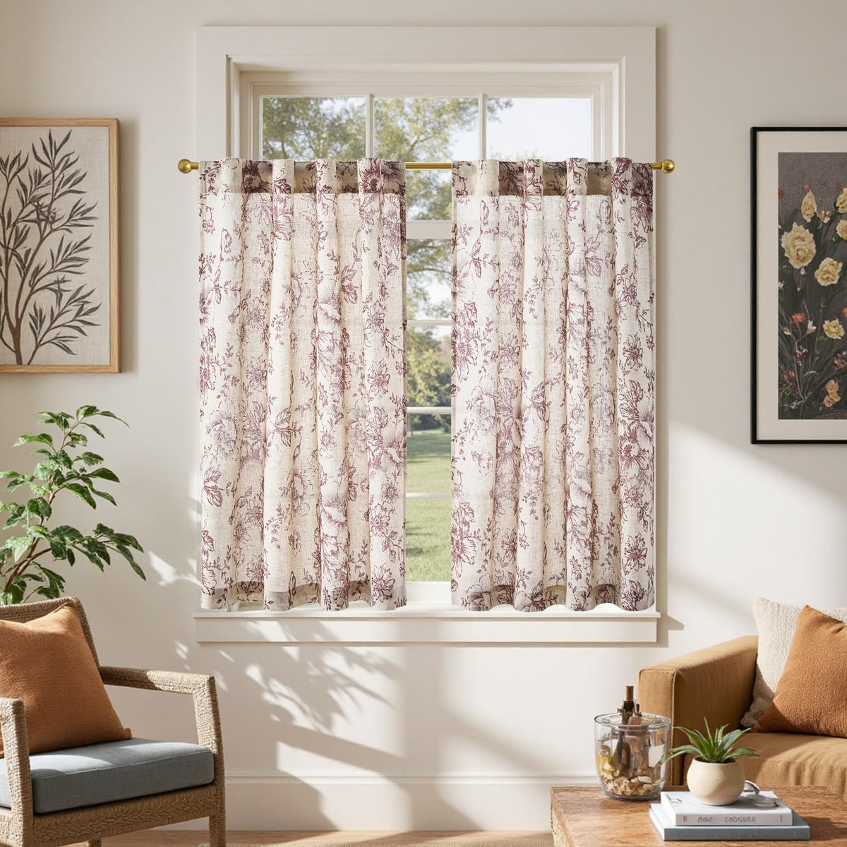 jinchan Hattie Floral Linen Kitchen Tier Curtains Beige 30 in 2 Panels
