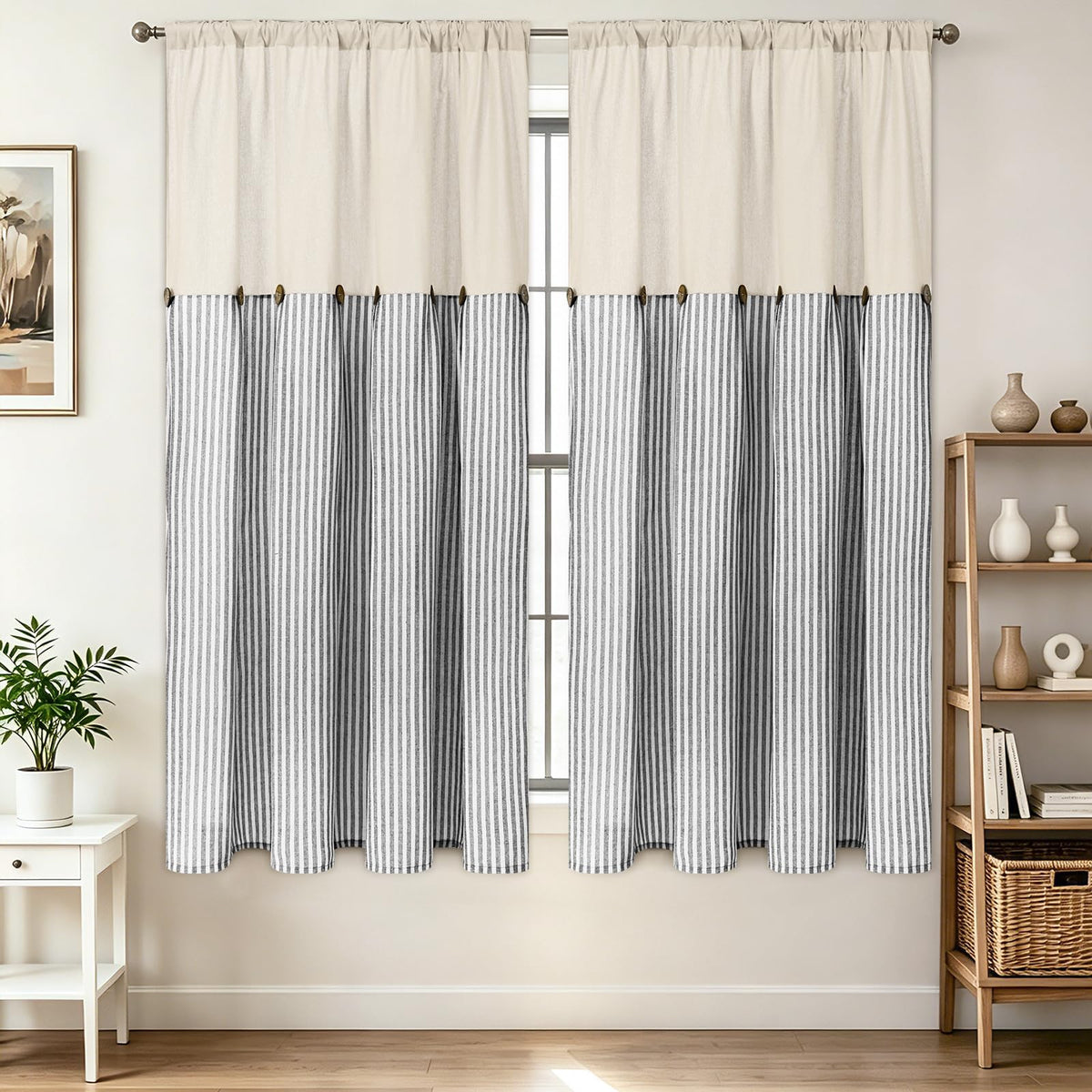 BLEUM CADE Farmhouse Kitchen Curtains 36 Inch, Cotton Linen Cafe Curtains with Rustic Buttons, Boho Small Window Curtains for Bathroom, Green Stripe Half Window Drapes Over Sink, 2 Panels