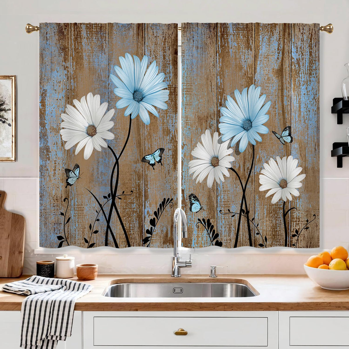 Farmhouse Sunflower Kitchen Curtain Rustic Small Short Cafe Window Curtains Country Wooden Barn Inspirational Bathroom Window Drapes Treatment Tier Curtains 2 Panels (27.5x39 Inch)