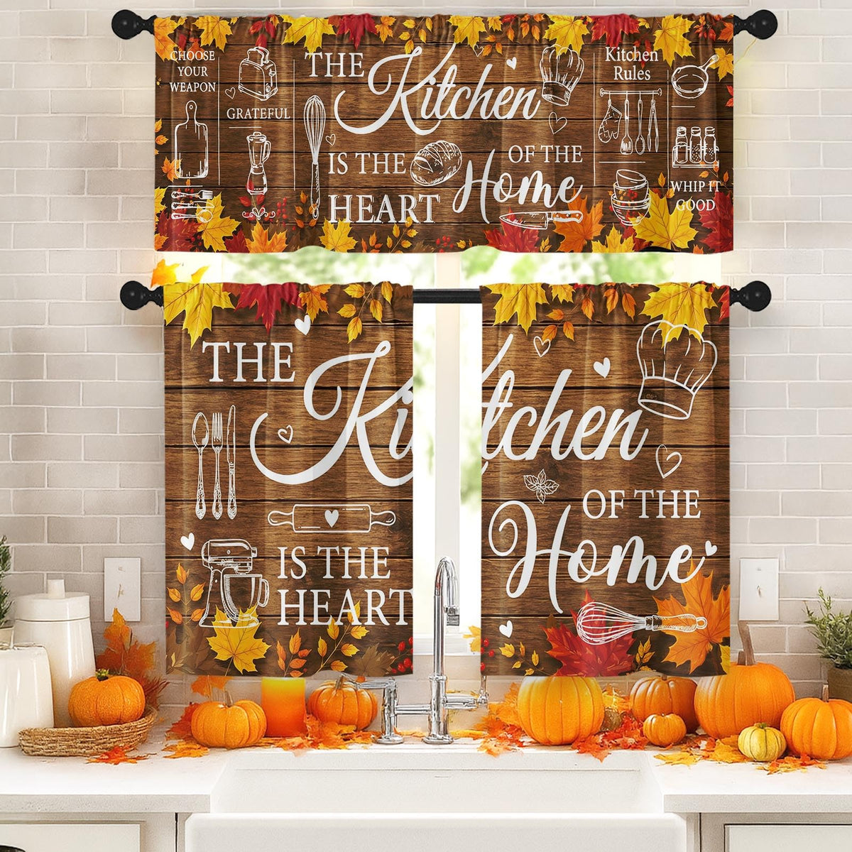 Arttown Fall Kitchen Curtains Sets for Windows, Pumpkin, 52x36 Inch