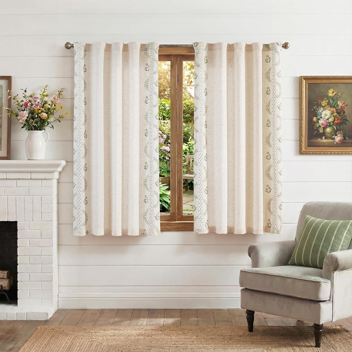 jinchan Green Floral Linen Kitchen Tier Curtains 50x45 Inch 2 Panels