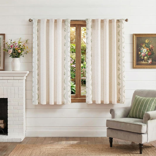 jinchan Green Floral Linen Kitchen Tier Curtains 50x45 Inch 2 Panels