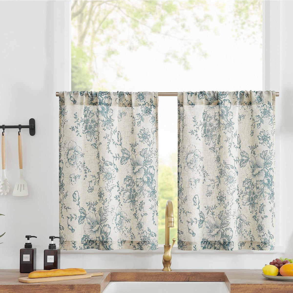 jinchan Hattie Floral Linen Kitchen Tier Curtains Beige 30 in 2 Panels