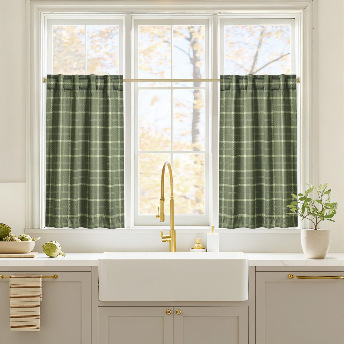 NICETOWN Olive Green Farmhouse Gingham Tiers Kitchen 100% Blackout Curtains