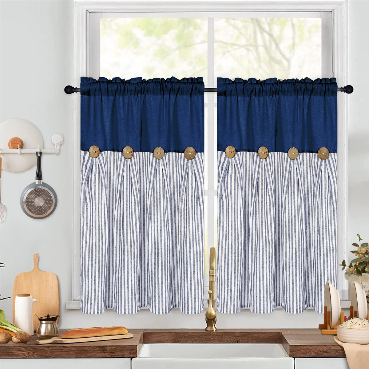 ASPMIZ Cotton Linen Kitchen Valance Curtains, Boho Rustic Button Linen Valances for Windows Farmhouse, Black with Grey Stripe Valance Window Topper Treatment Window Valances for Bathroom, 52 x 18 Inch