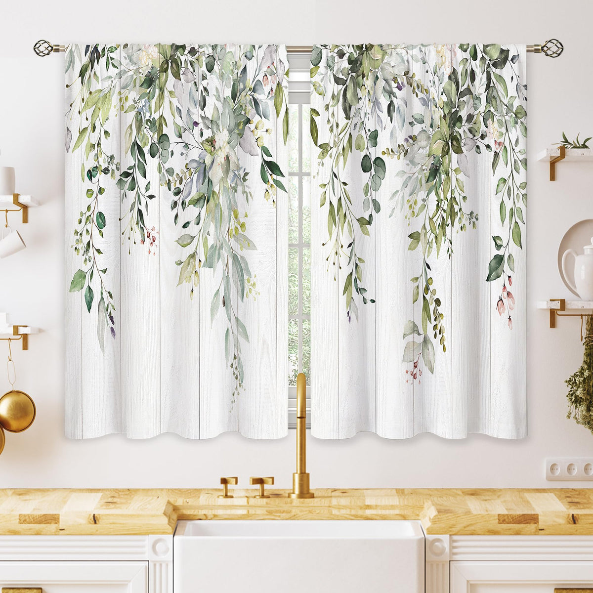 Eucalyptus Botanical Leaves Floral Kitchen Window Curtains Over Sink Boho Farmhouse Flower Leaf Small Window Treatment Sage Green Cafe Short Curtains for Bathroom Tier Drapes 27.5x39 inch