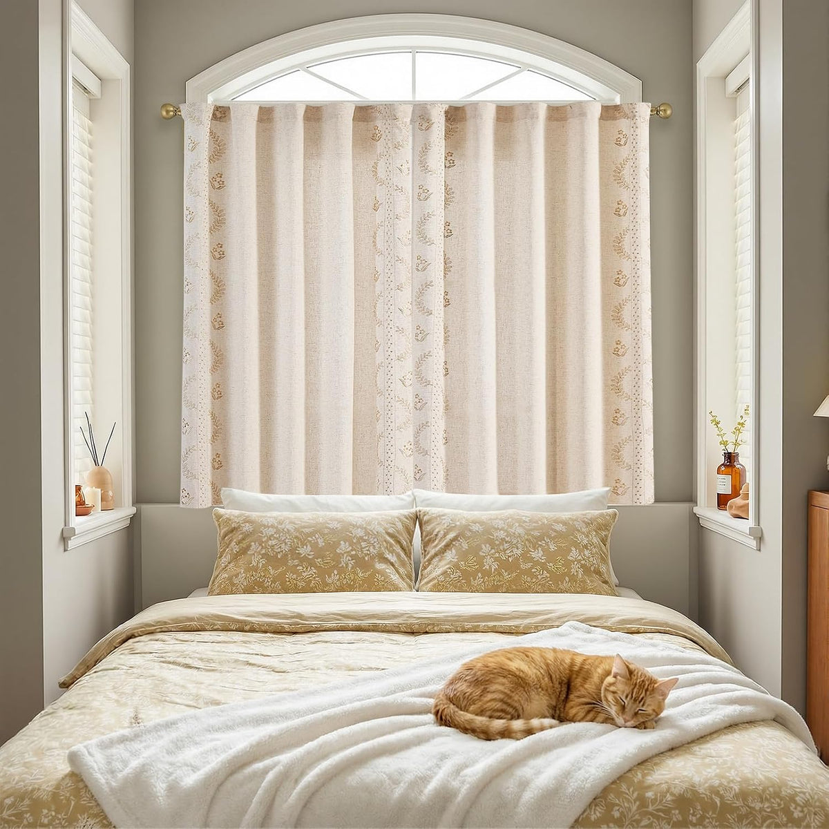 jinchan Beige Floral Linen Kitchen Tier Curtains 50x54 Inch 2 Panels