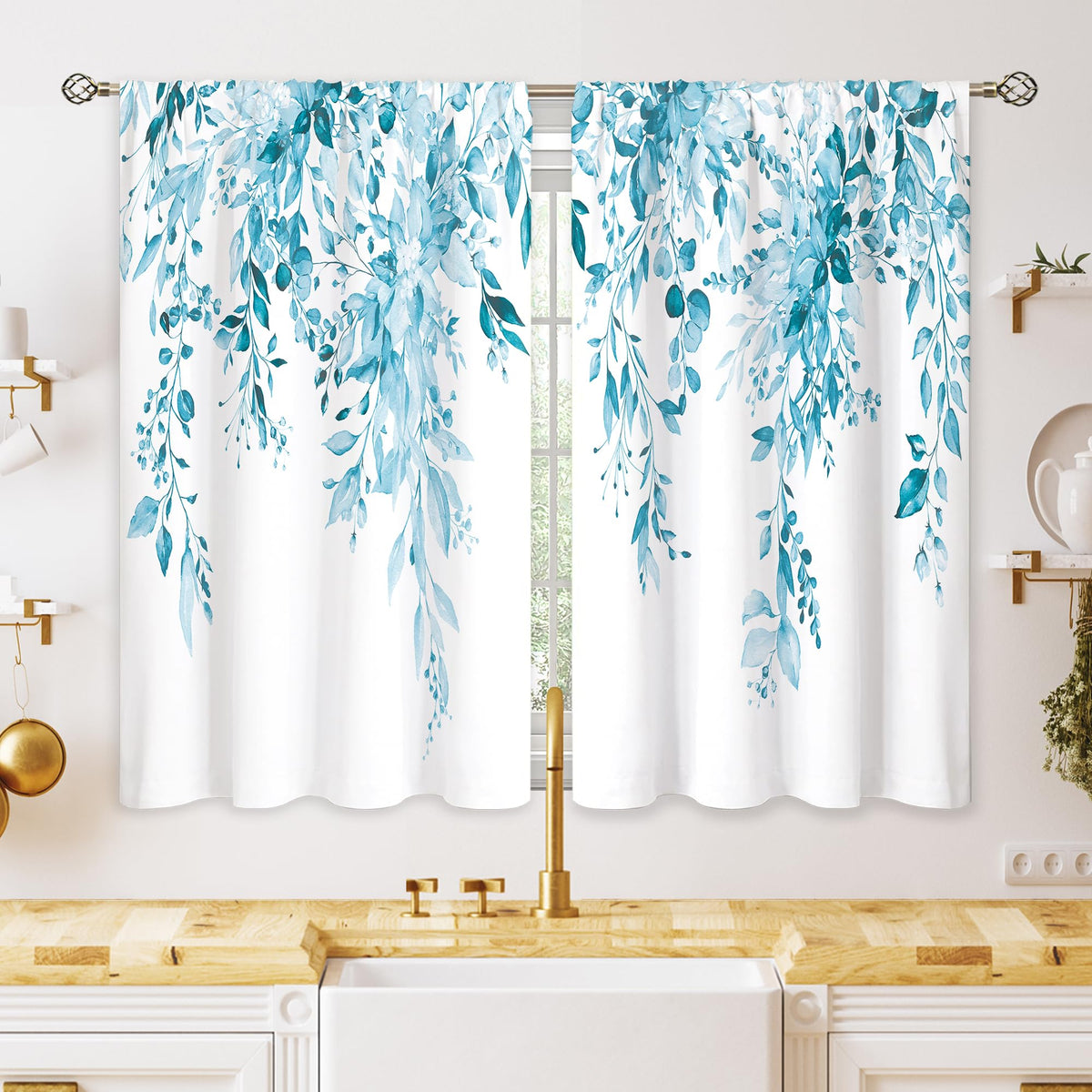 Eucalyptus Botanical Leaves Floral Kitchen Window Curtains Over Sink Boho Farmhouse Flower Leaf Small Window Treatment Sage Green Cafe Short Curtains for Bathroom Tier Drapes 27.5x39 inch