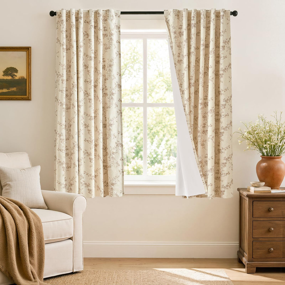 Lazzzy Green Vintage Floral Linen Curtains Farmhouse 26W X 36L 2 Panels