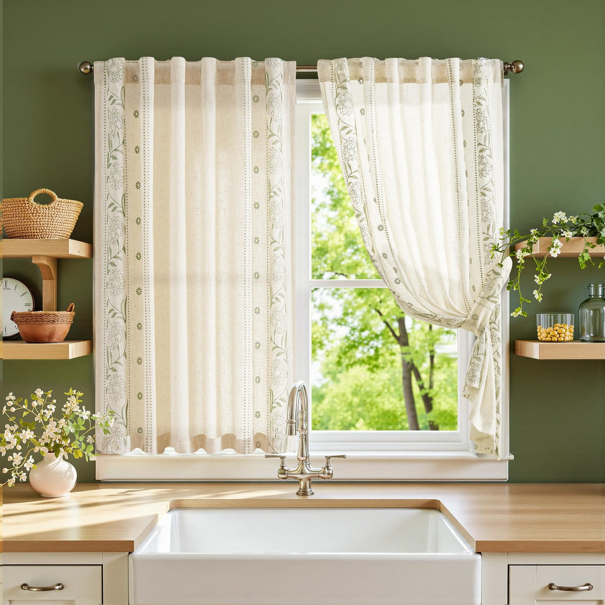 jinchan Sage Floral Linen Kitchen Tier Curtains Back Tab 54×45 2 Panels