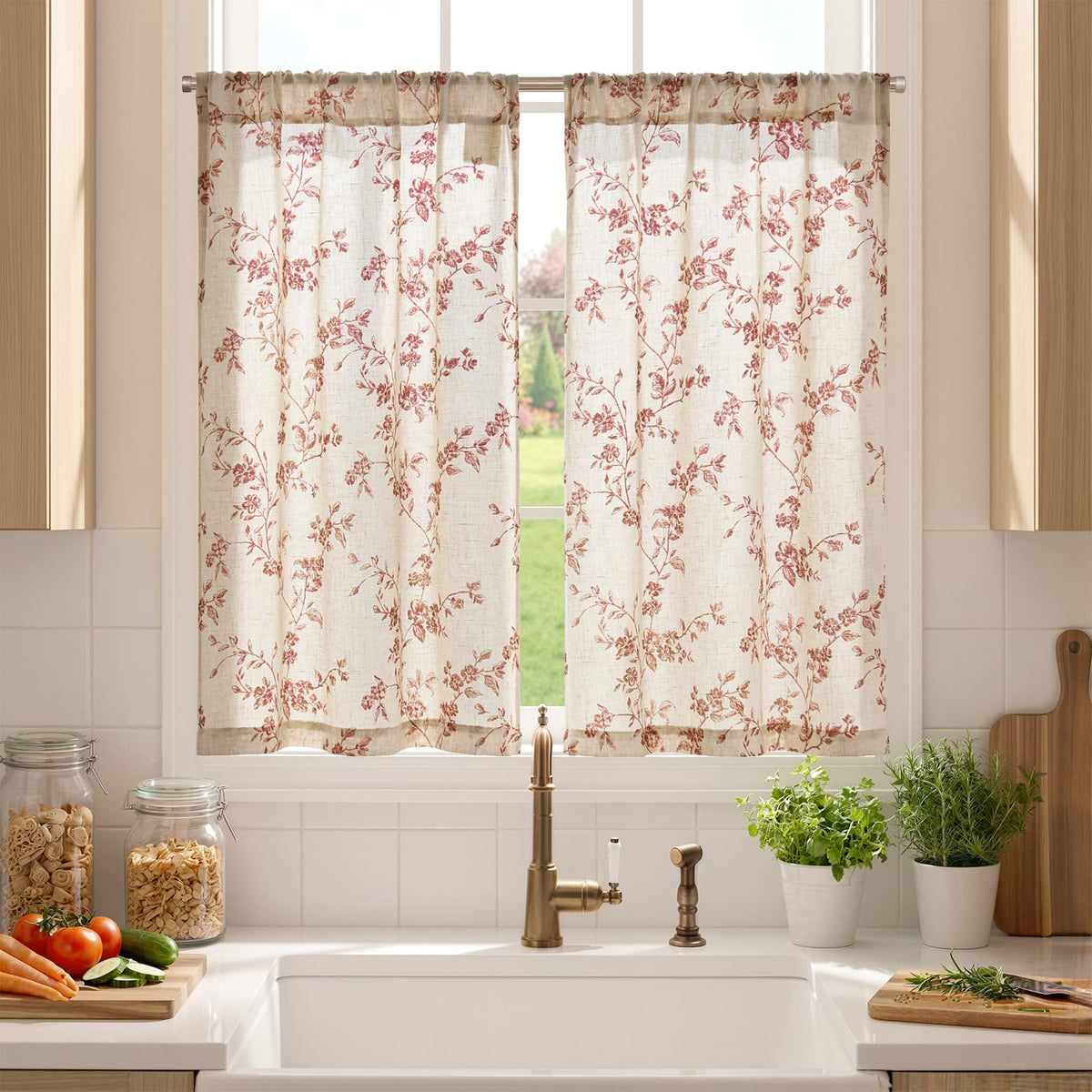 jinchan Floral Linen Kitchen Tier Curtains, 36 Inch, 2 Panels, Taupe