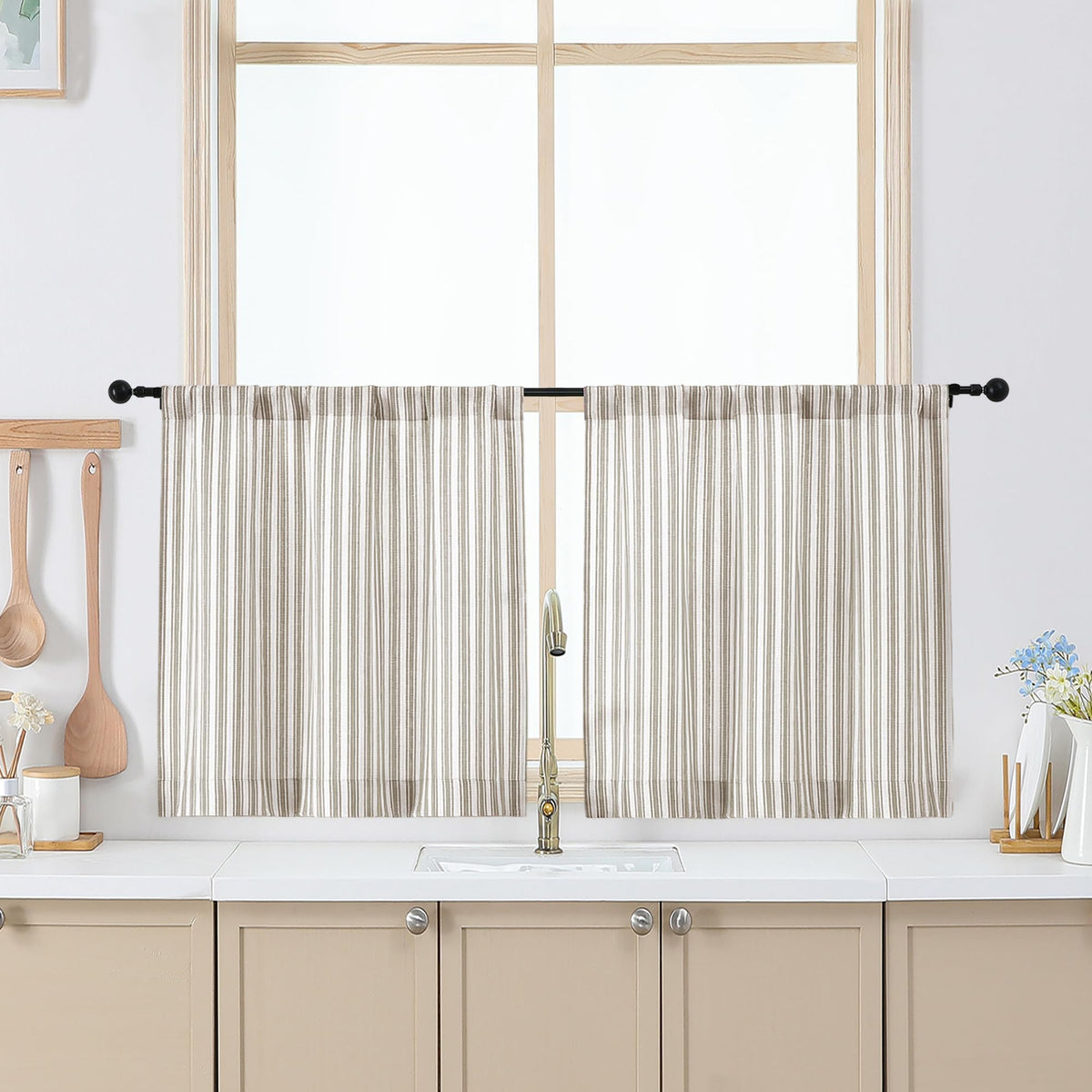 Chyhomenyc Striped Short Curtains 36 Inch Length - Light Filtering Faux Linen Living Room Tier Half Window Curtains, Farmhouse Modern Boho Curtain for Bathroom, 30Wx36L, 2 Pieces, Stone Blue