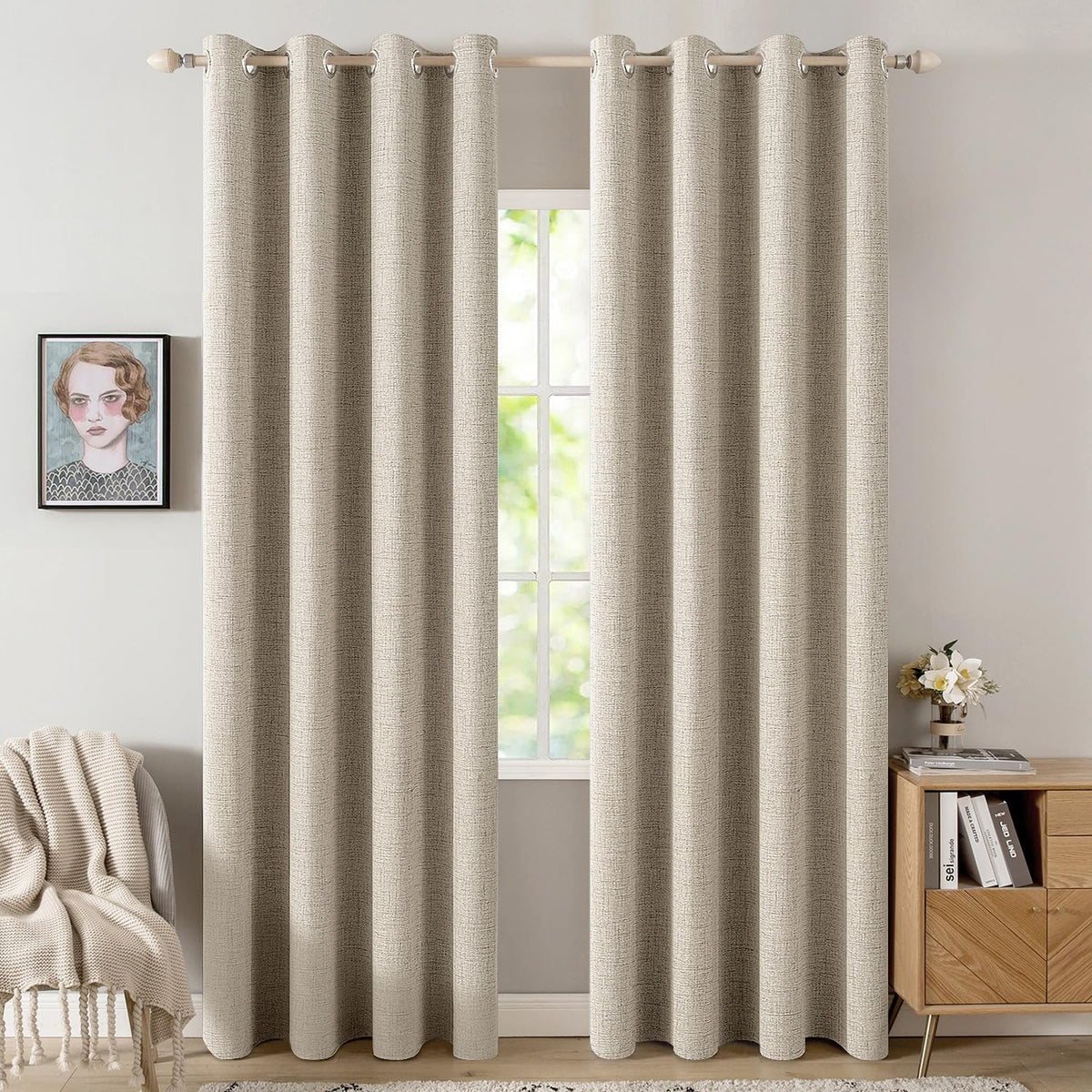MIULEE 100% Blackout Linen Curtains for Bedroom 52x54 Inches Natural Beige