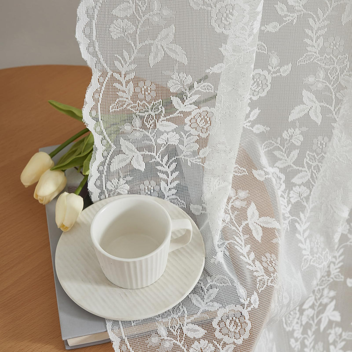 FINECITY Short Beige Lace Curtains Rustic Leaf Floral W42xL36 Inch 2 Panels