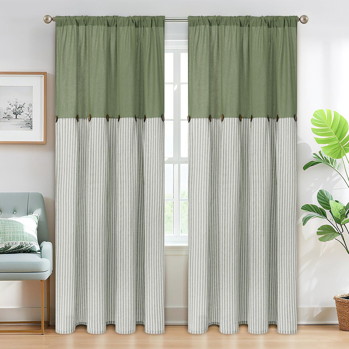ASPMIZ Cotton Linen Kitchen Valance Curtains, Boho Rustic Button Linen Valances for Windows Farmhouse, Black with Grey Stripe Valance Window Topper Treatment Window Valances for Bathroom, 52 x 18 Inch
