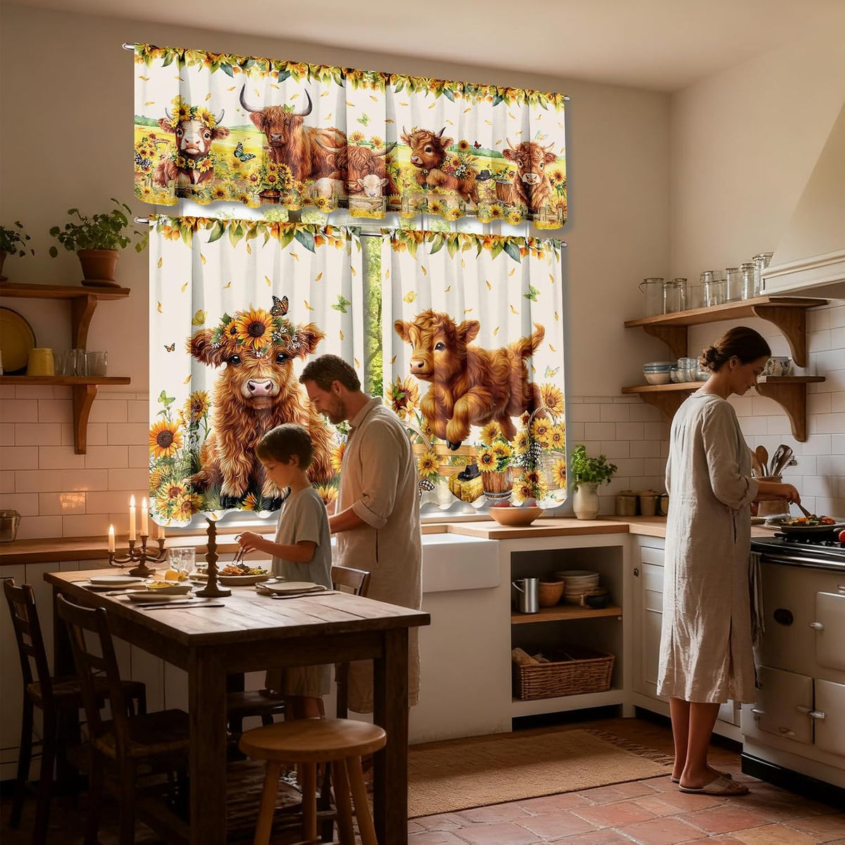 Breling 3 Pcs Sunflower Highland Cow Kitchen Curtains Valances and Tiers Set for Windows Spring Farmhouse Highland Cow Sunflower Curtains Decor for Summer Bedroom Window Decor Party Favor Supplies