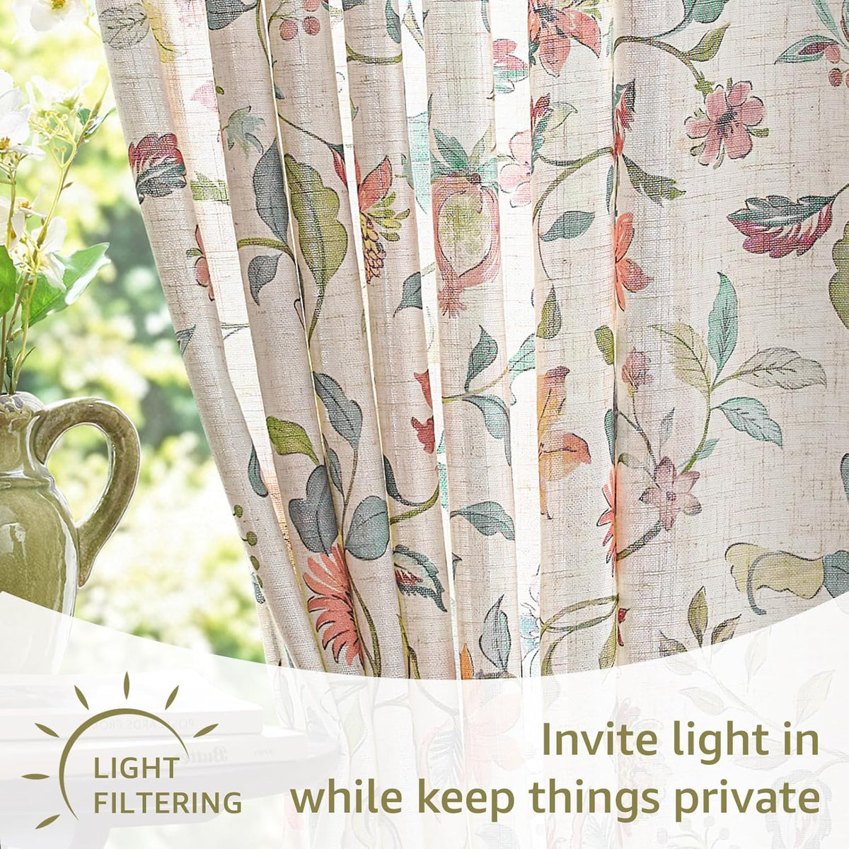 jinchan Hattie Floral Linen Kitchen Tier Curtains Beige 30 in 2 Panels