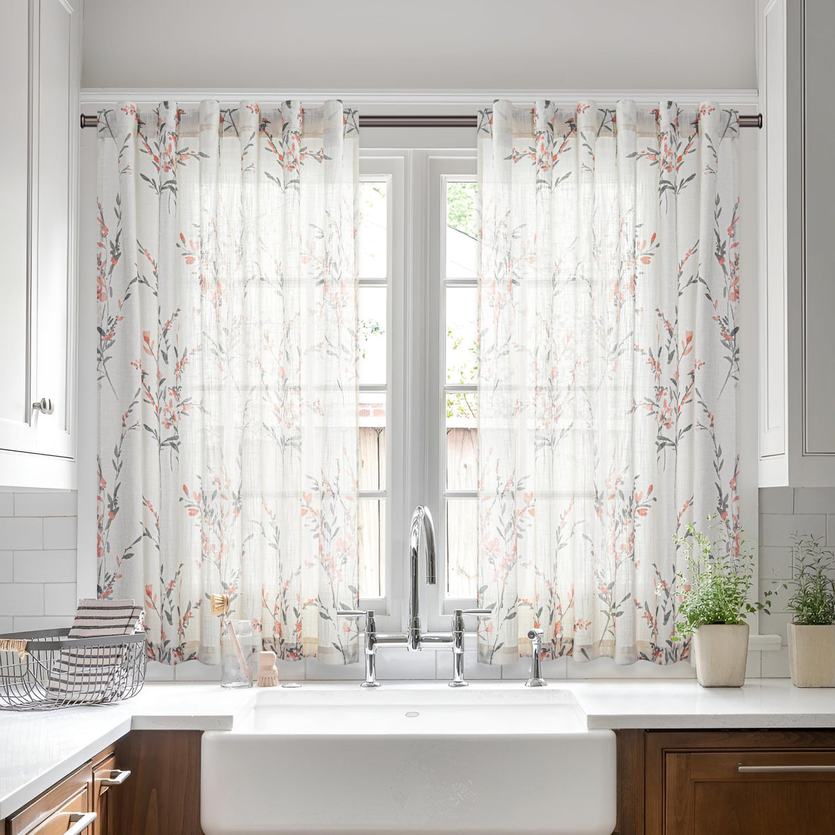 MYSKY HOME Floral Linen Kitchen Tier Curtains 36 Inch Long 2 Panels