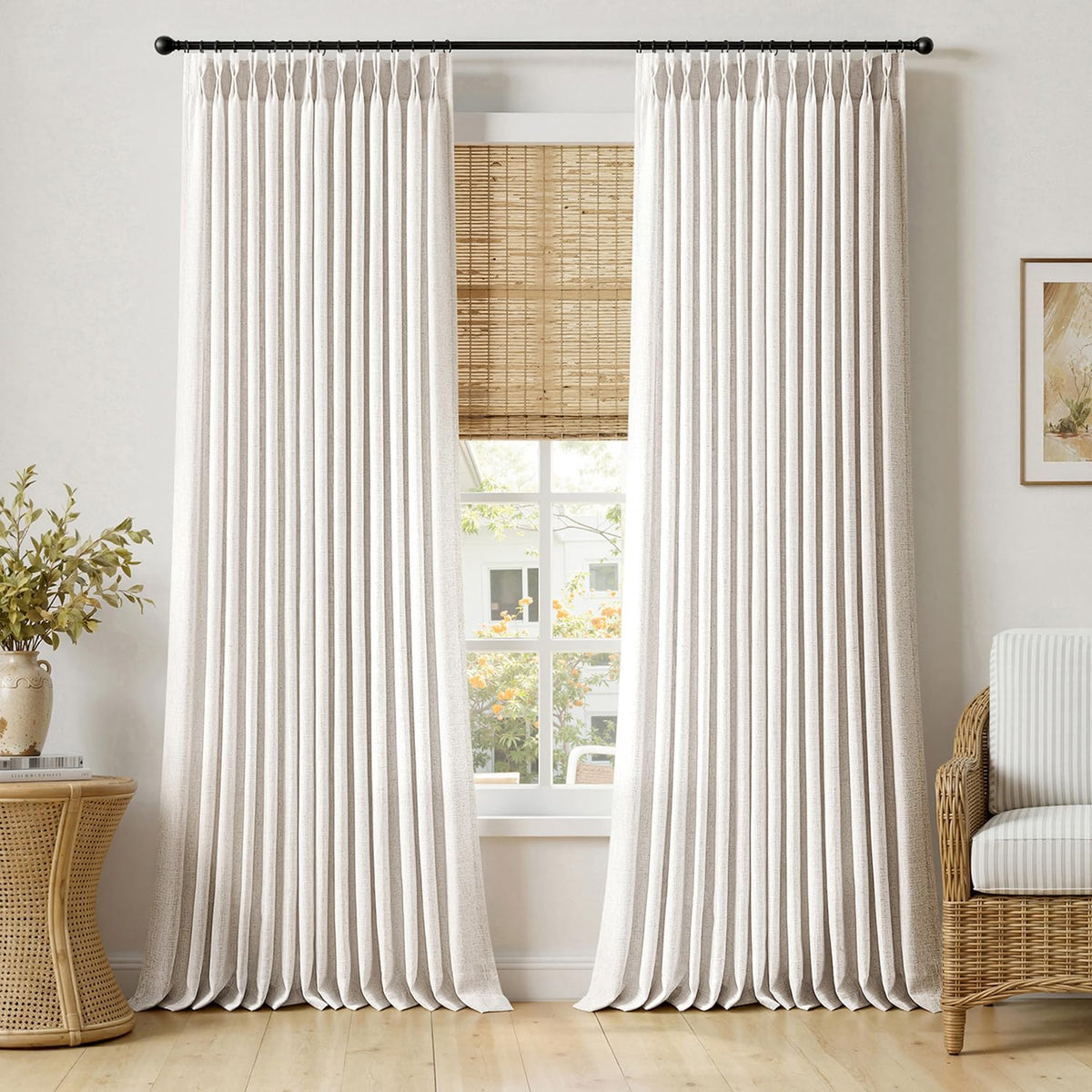 MIULEE Pinch Pleated Thick Linen Curtains 36 Inches Long 2 Panels Natural