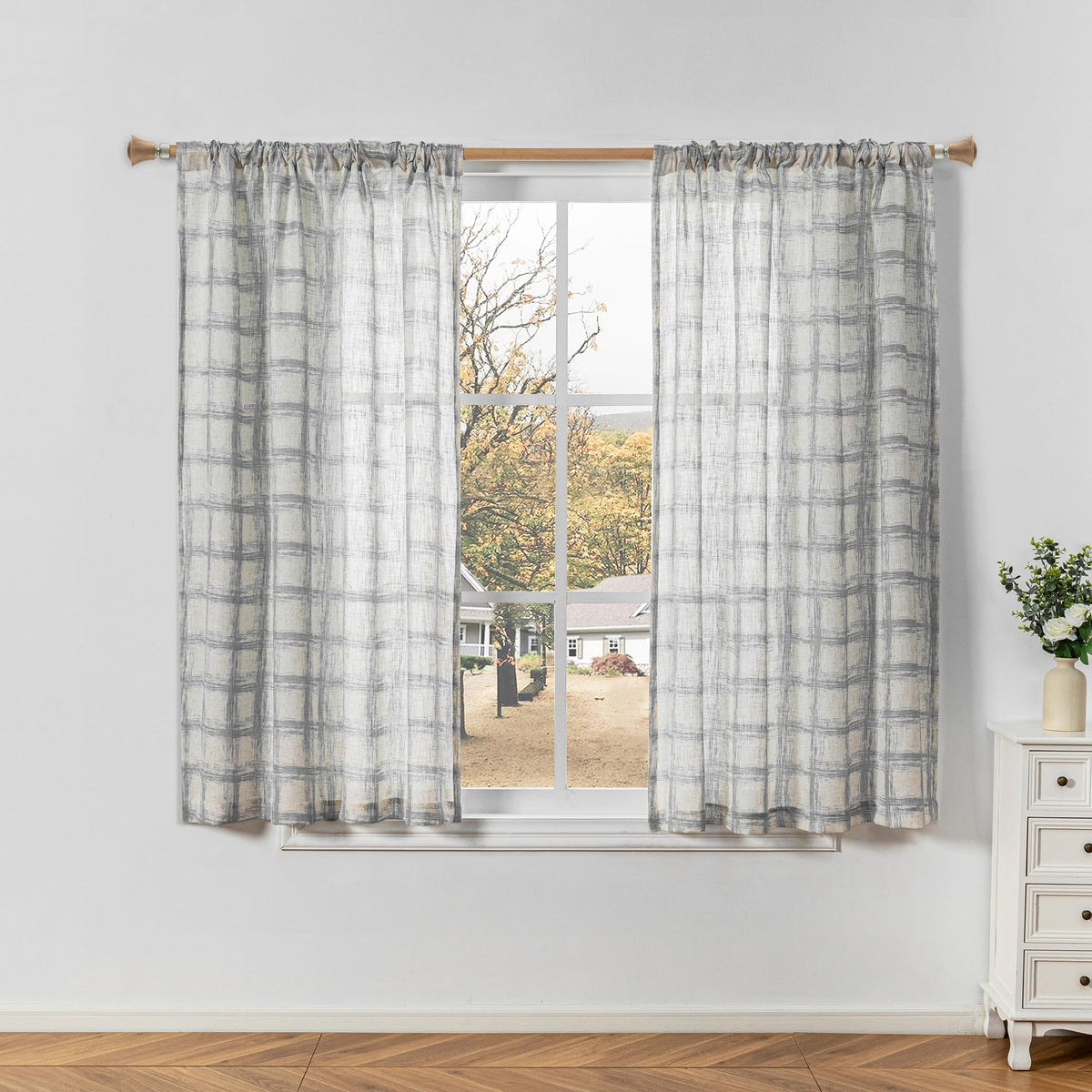 MYSKY HOME Floral Linen Kitchen Tier Curtains 36 Inch Long 2 Panels
