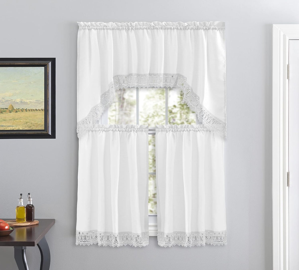 American Linen 3-Piece Kitchen Café Curtains with Embroidered Lace (White)