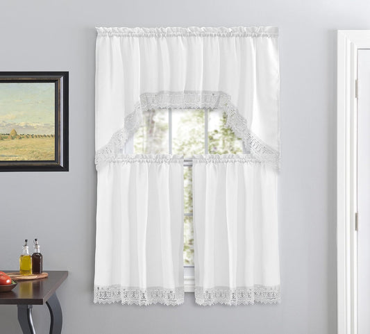 American Linen 3-Piece Kitchen Café Curtains with Embroidered Lace (White)