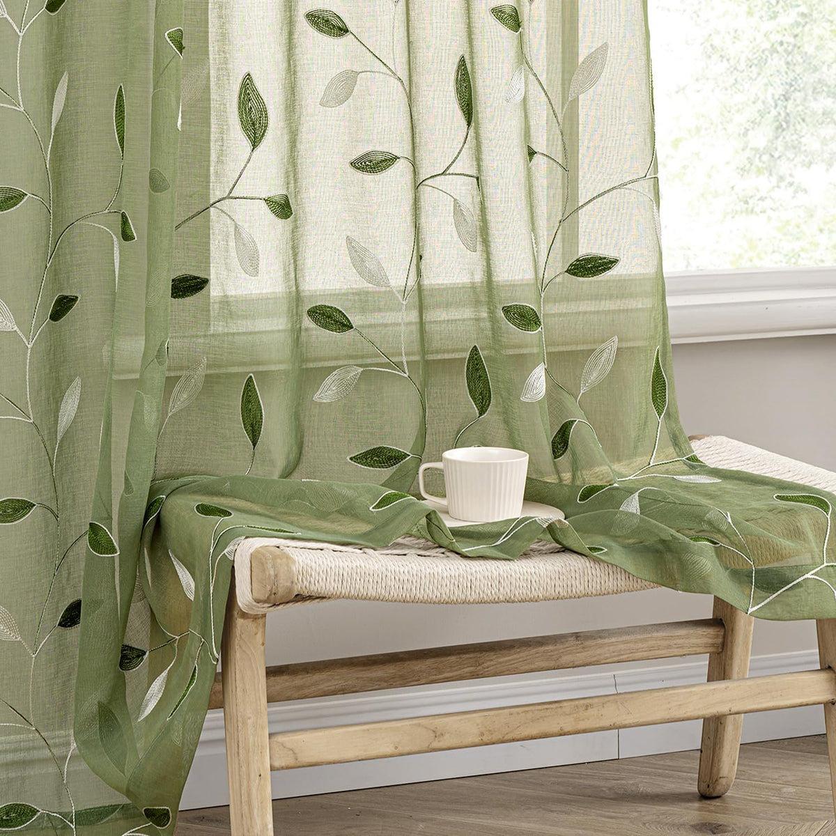 MIULEE Beige Sheer Curtains 2 Panels Embroidered Leaf Patterned, W52 x L63